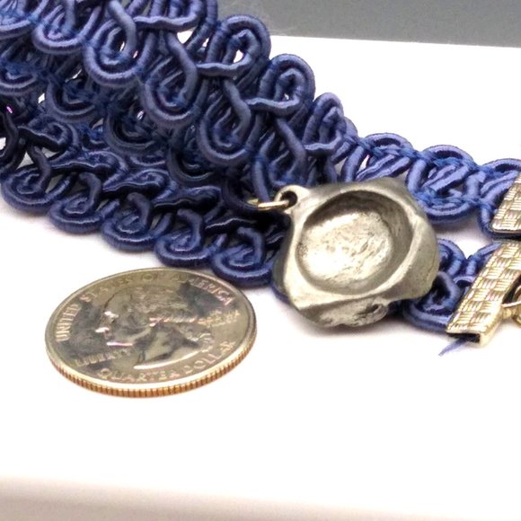 Macrame Blue Ribbon Choker with Silver Tone Rose Pendant, Gimp Trim Victorian - Picture 4 of 4